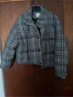 a new day Black & Gray Plaid Cropped Puffer Jacket